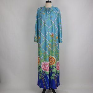 🌺 Vtg Blue Floral Butterfly Long Caftan Lounger Nightgown Dress Robe Hostess